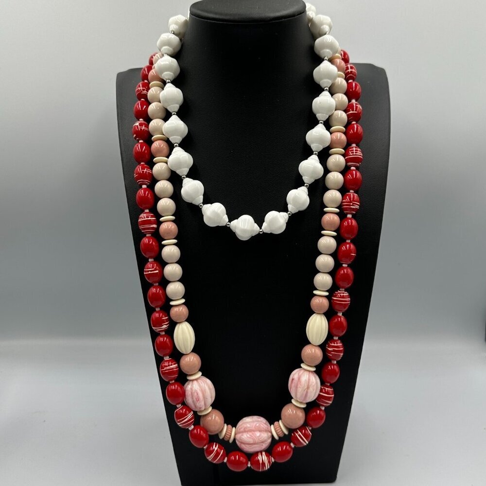 Vintage Lucite Beaded Necklaces Lot Red White Marbled Lucite Layered
